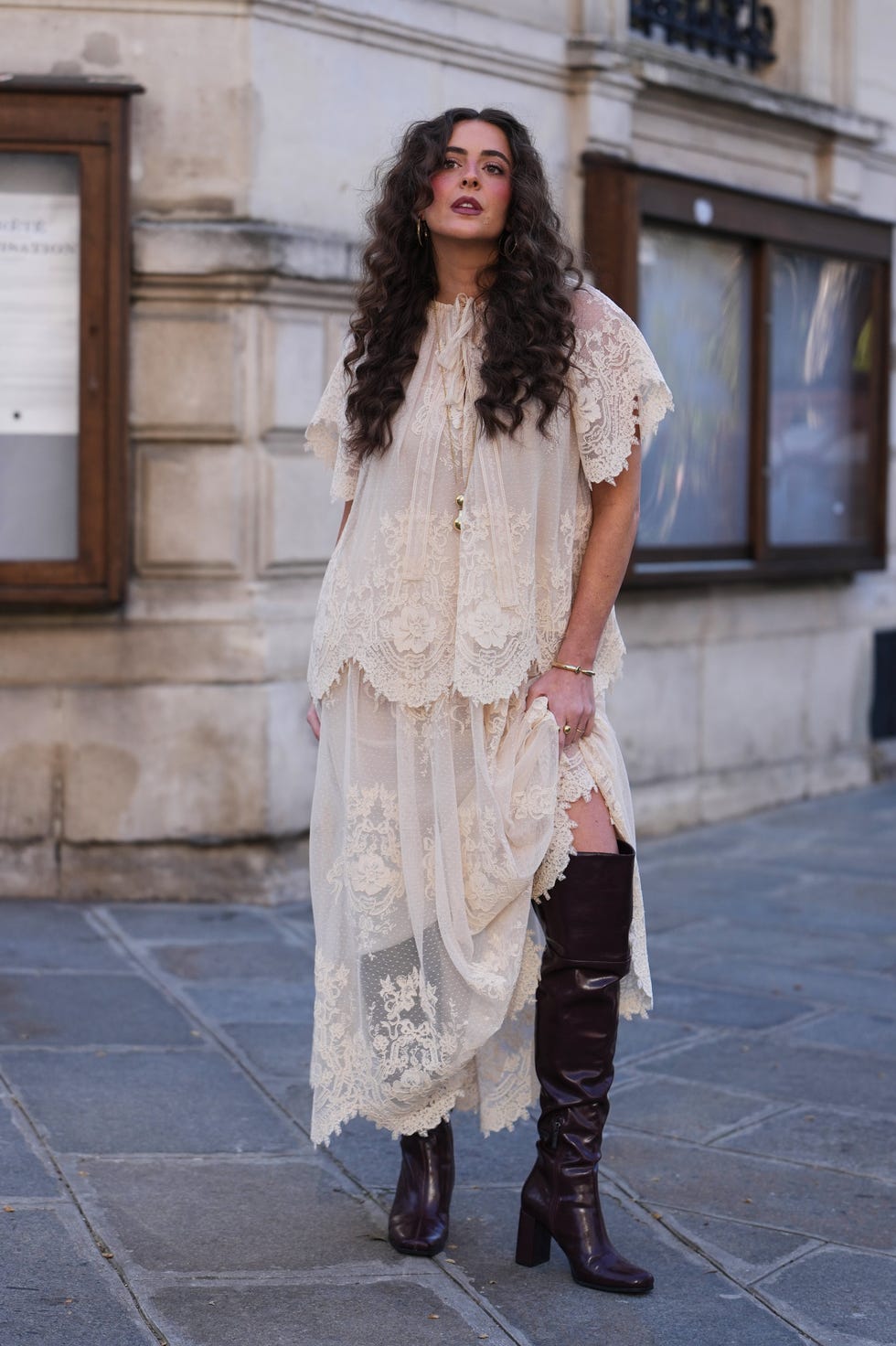 Cream Lace Maxi Dress With Knee-High Boots — Boho Outfits