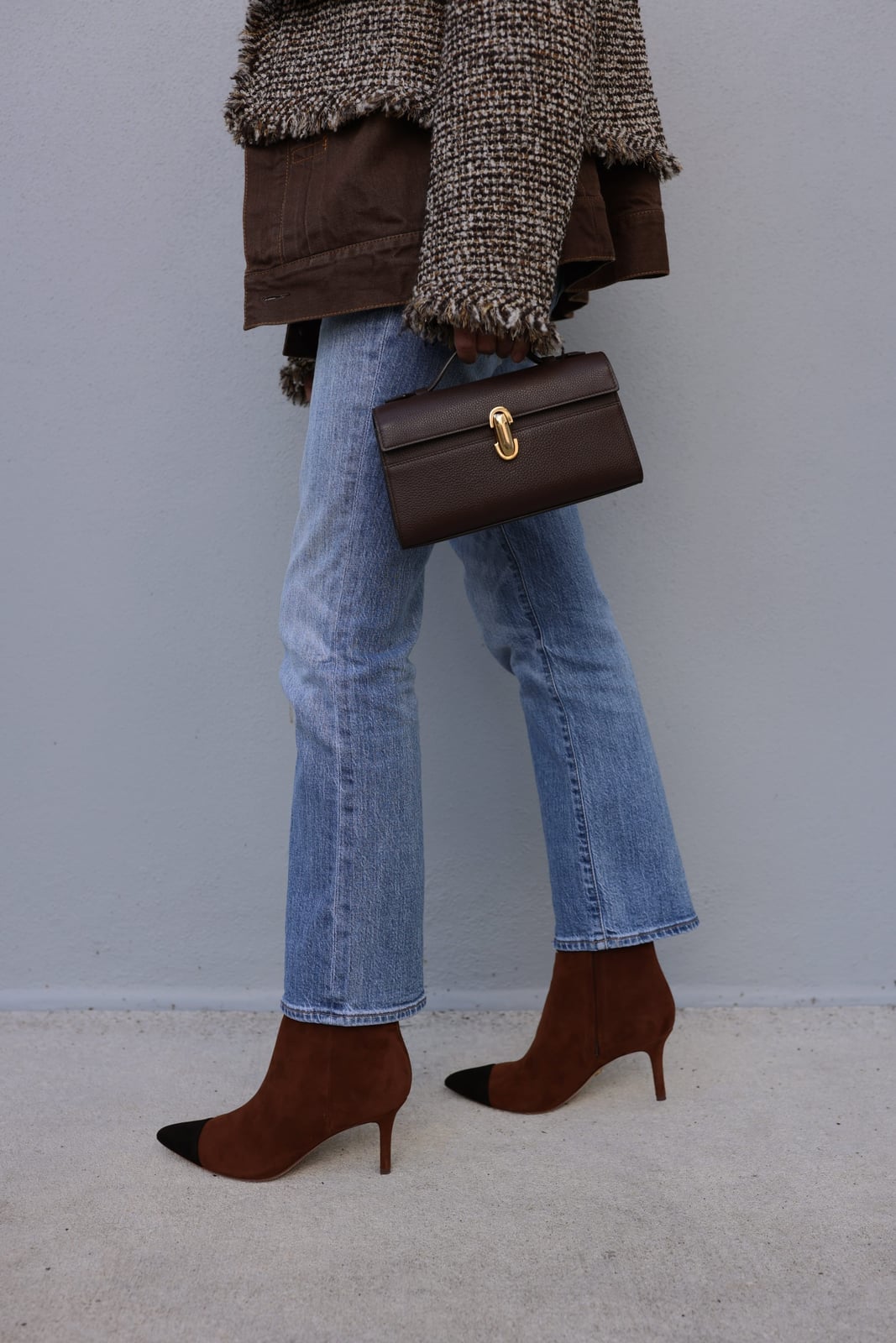 Straight Leg Jeans with Tweed Jacket and Ankle Boots — Boots Outfit Jeans