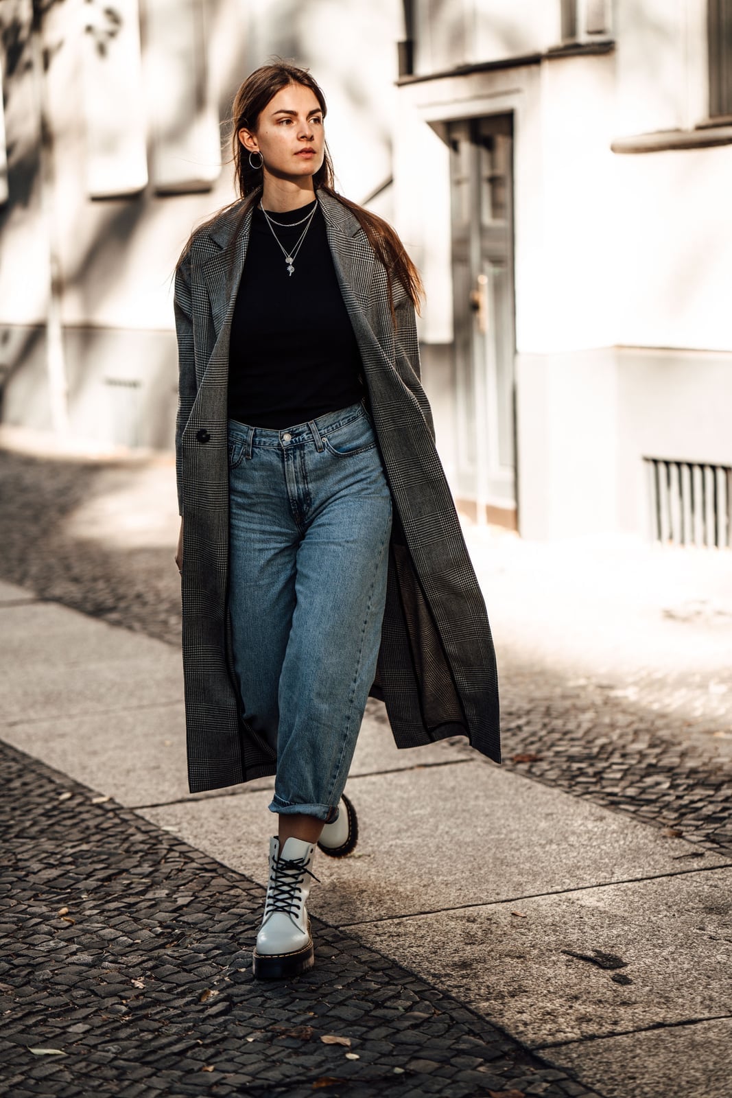 Straight Leg Jeans and Plaid Long Coat — Boots Outfit Jeans