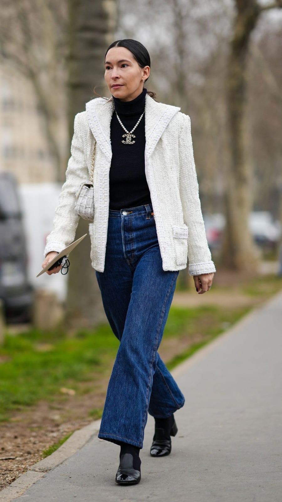Wide Leg Jeans with White Tweed Blazer — Boots Outfit Jeans