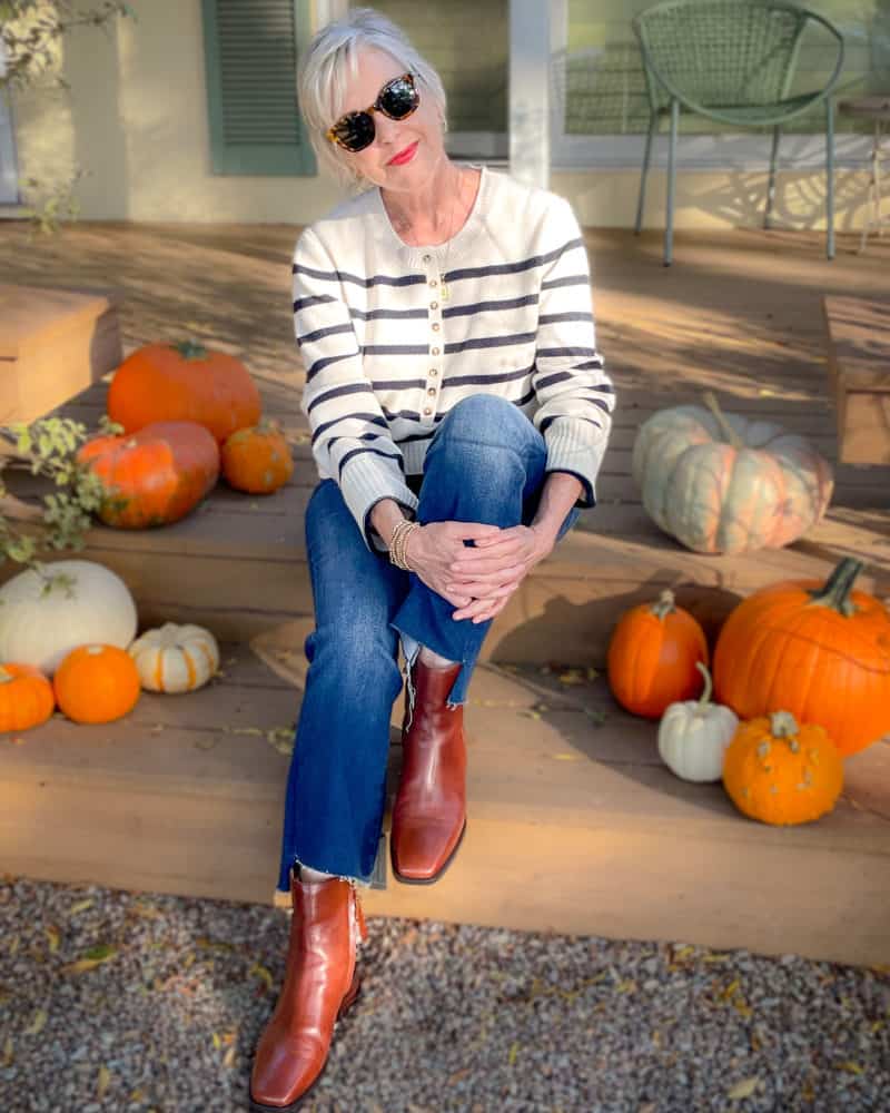 Straight Leg Jeans with Striped Sweater and Brown Boots — Boots Outfit Jeans