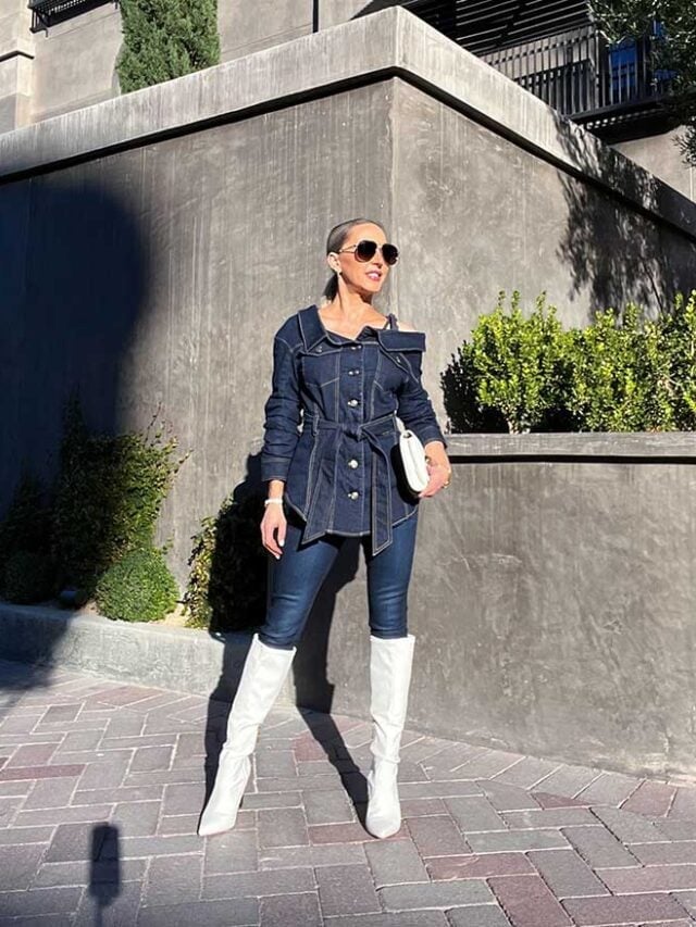 Skinny Jeans with Off-Shoulder Denim Jacket and White Boots — Boots Outfit Jeans