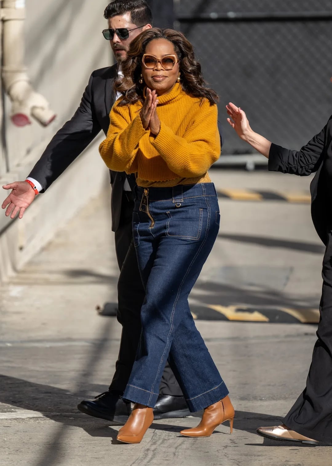 Wide Leg Jeans with Yellow Turtleneck and Tan Boots — Boots Outfit Jeans