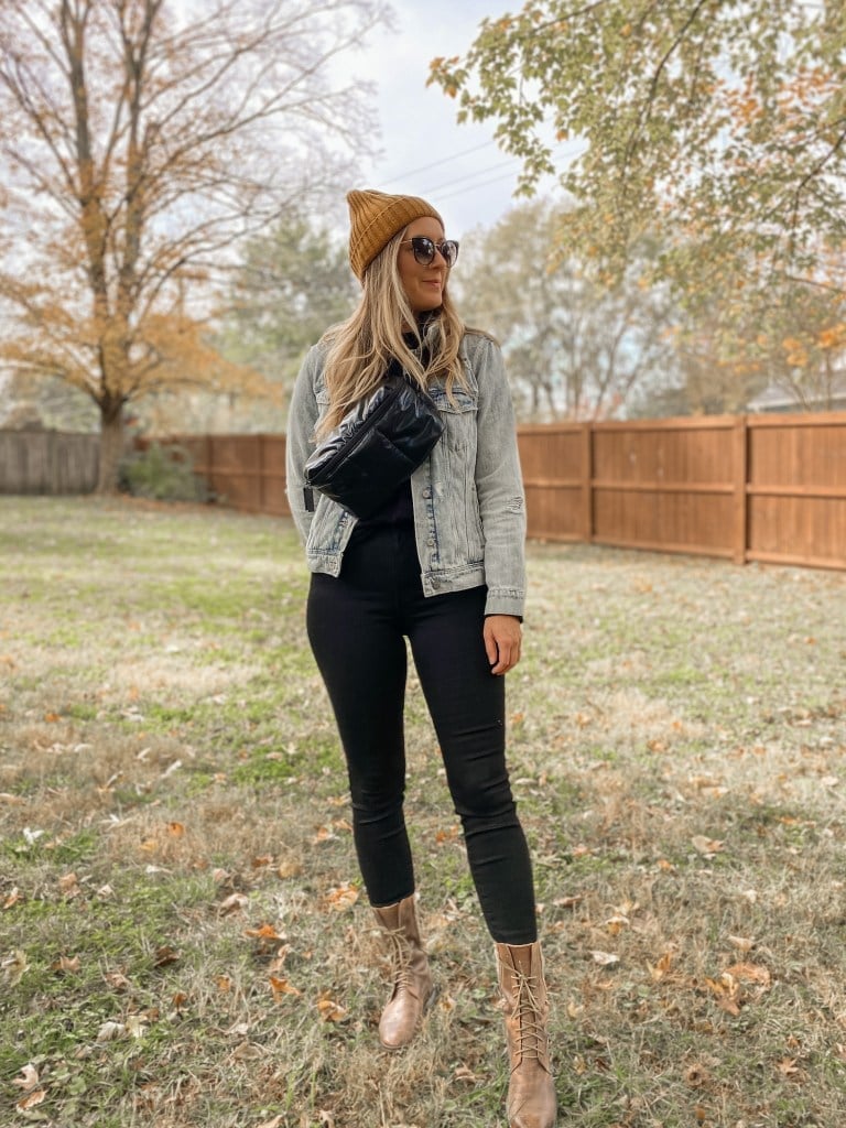 Black Skinny Jeans with Denim Jacket and Lace-Up Boots — Boots Outfit Jeans