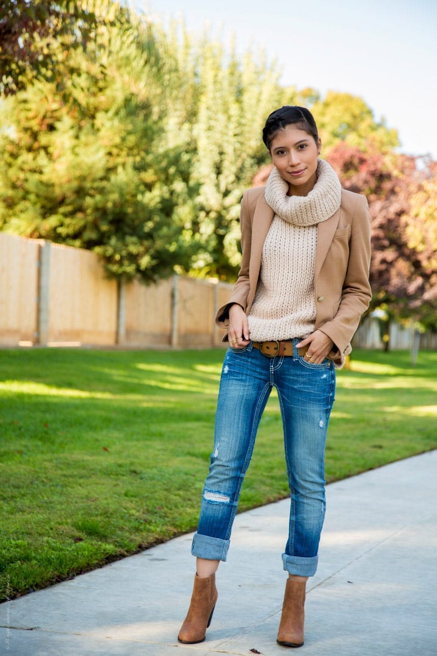 Rolled Cuff Jeans with Tan Blazer and Ankle Boots — Boots Outfit Jeans
