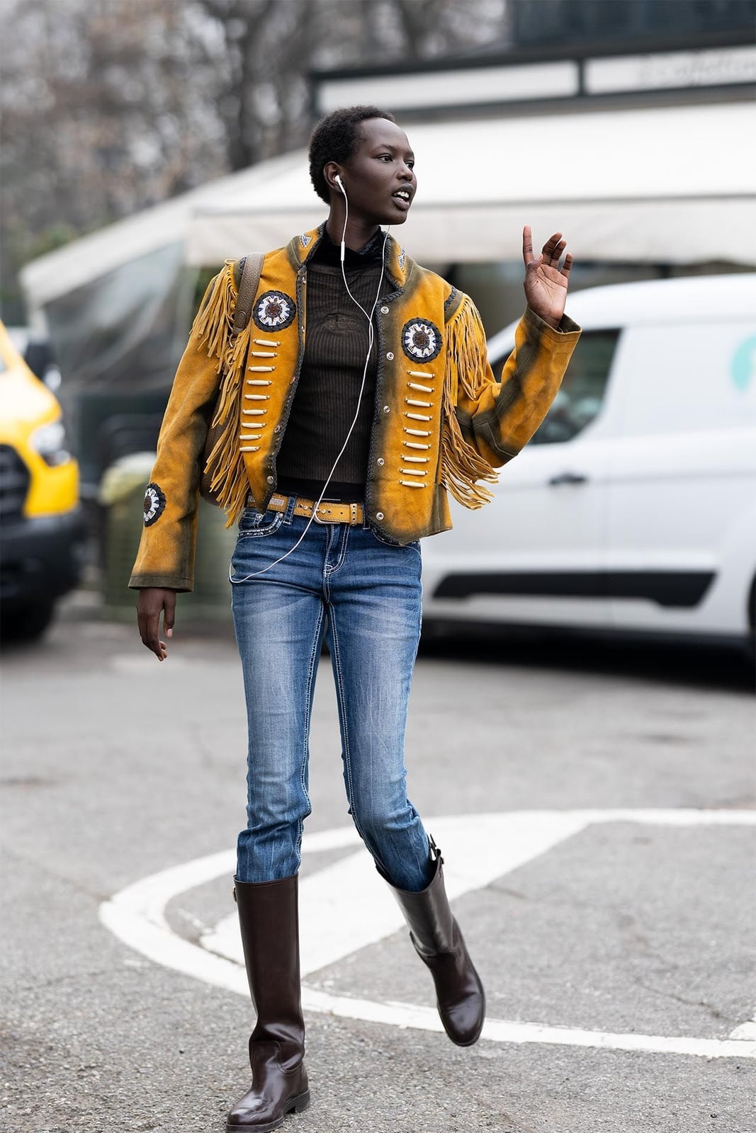 Skinny Jeans with a Yellow Fringed Jacket — Boots Outfit Jeans