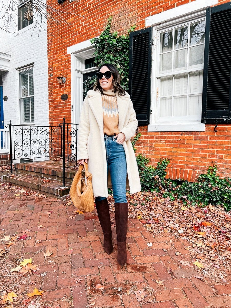 Cream Teddy Coat Over Straight Leg Jeans — Boots Outfit Jeans