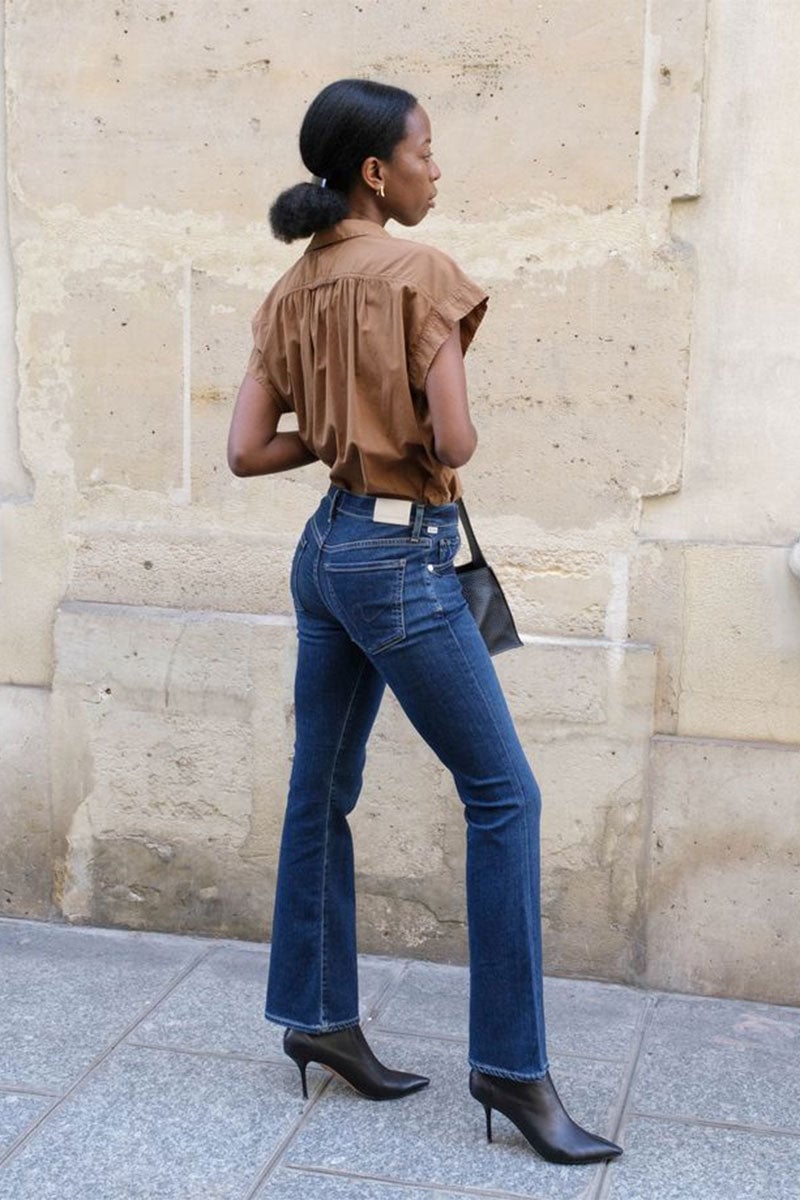 Dark Wash Flared Jeans and Black Kitten Heel Boots — Boots Outfit Jeans
