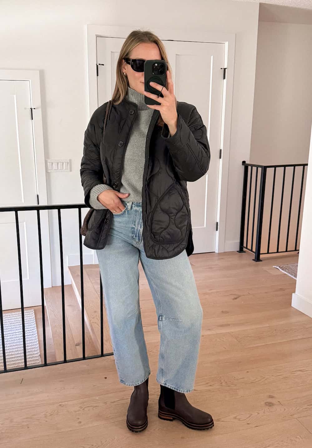Wide Leg Jeans with Quilted Jacket and Chelsea Boots — Boots Outfit Jeans