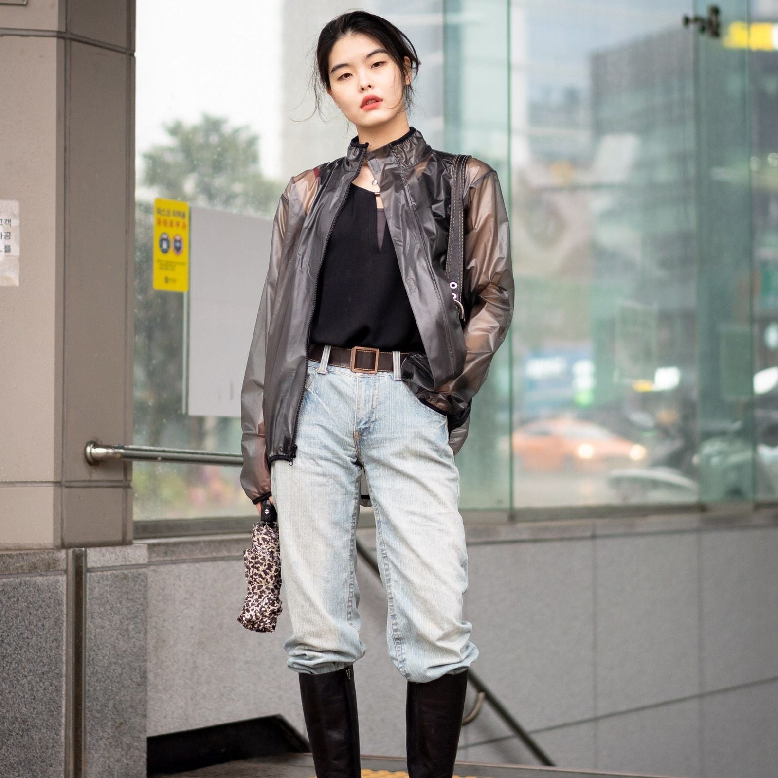 Baggy Jeans with Transparent Jacket and Knee-High Boots — Boots Outfit Jeans