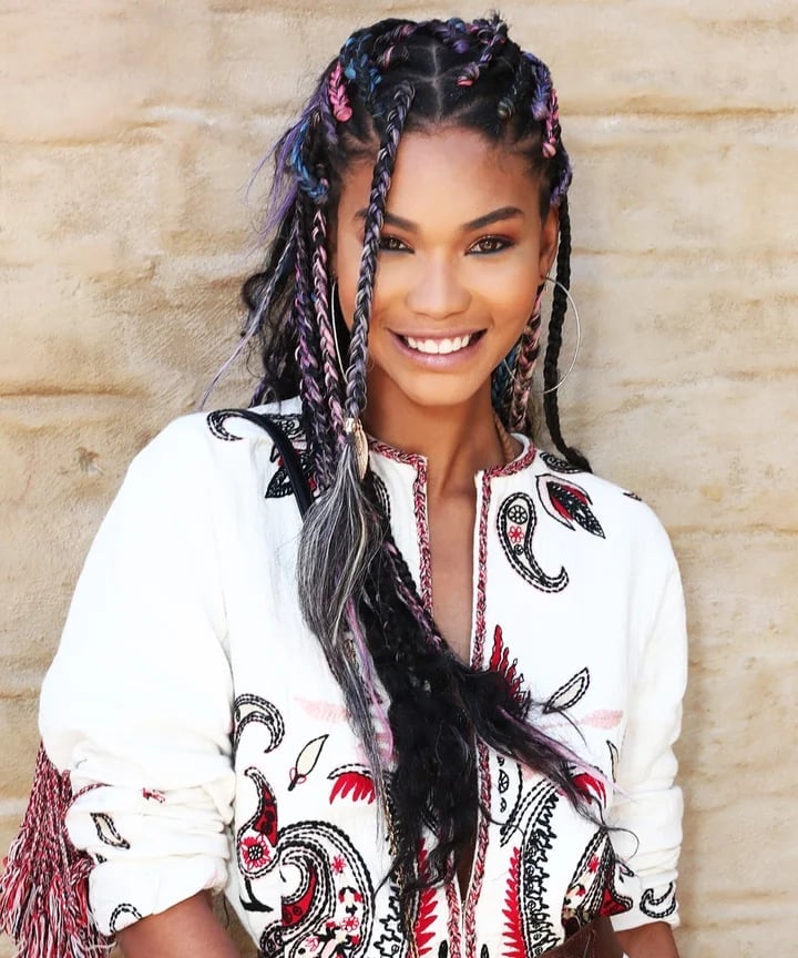 Shoulder Length Black Box Braids With Colorful Streaks