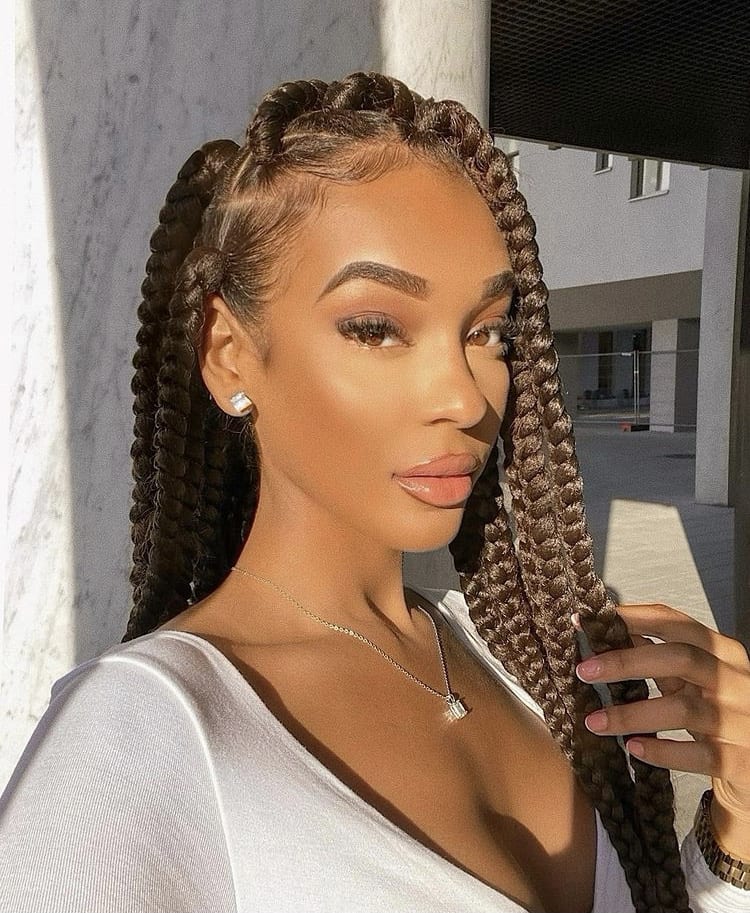 Mid-Back Dark Brown Box Braids With Wavy Ends