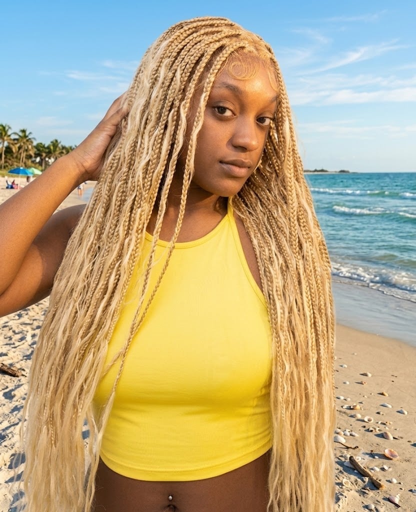 Mid-Back Fine Wavy Platinum Blonde Box Braids, Office-Safe Version