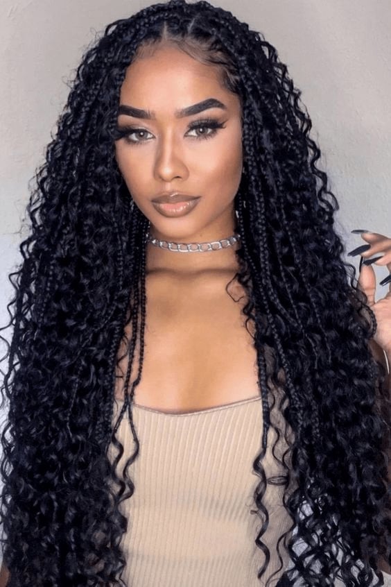Mid-Back Box Braids With Voluminous Curly Ends, Wavy Mid-Back Box Braids With Voluminous Curly Ends, Wavy — Box Braids Hairstyles