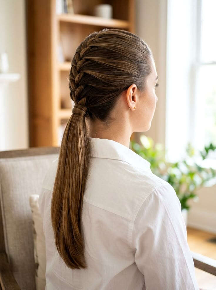 Medium Brown Ponytail With Smooth Fishtail Braid — Braided Ponytail