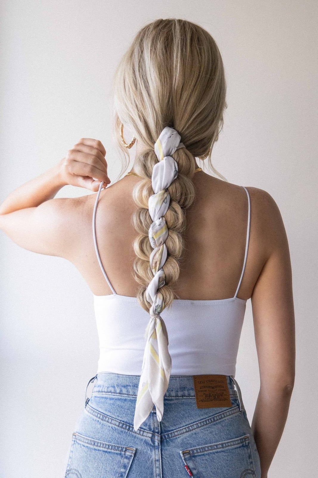 Blonde Ponytail With Scarf Woven Into Braid — Braided Ponytail