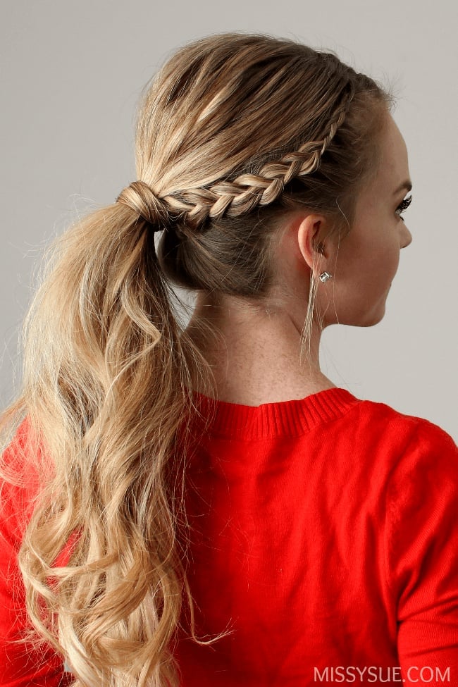Collarbone Side Ponytail With Crown Braid and Blonde Highlights — Braided Ponytail