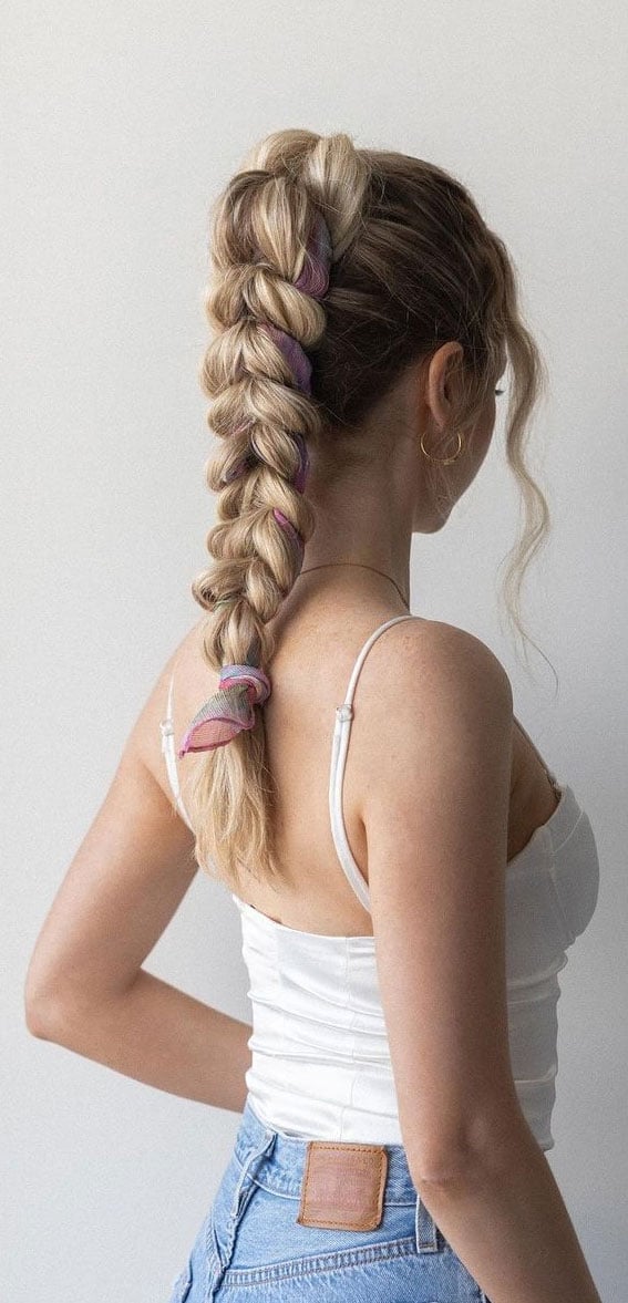 Shoulder Length Ponytail With Chunky Braid and Scrunchies — Braided Ponytail