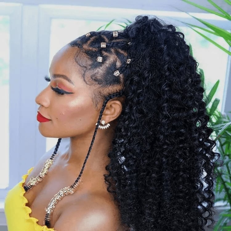 Curly Braided Ponytail With Gold Accents