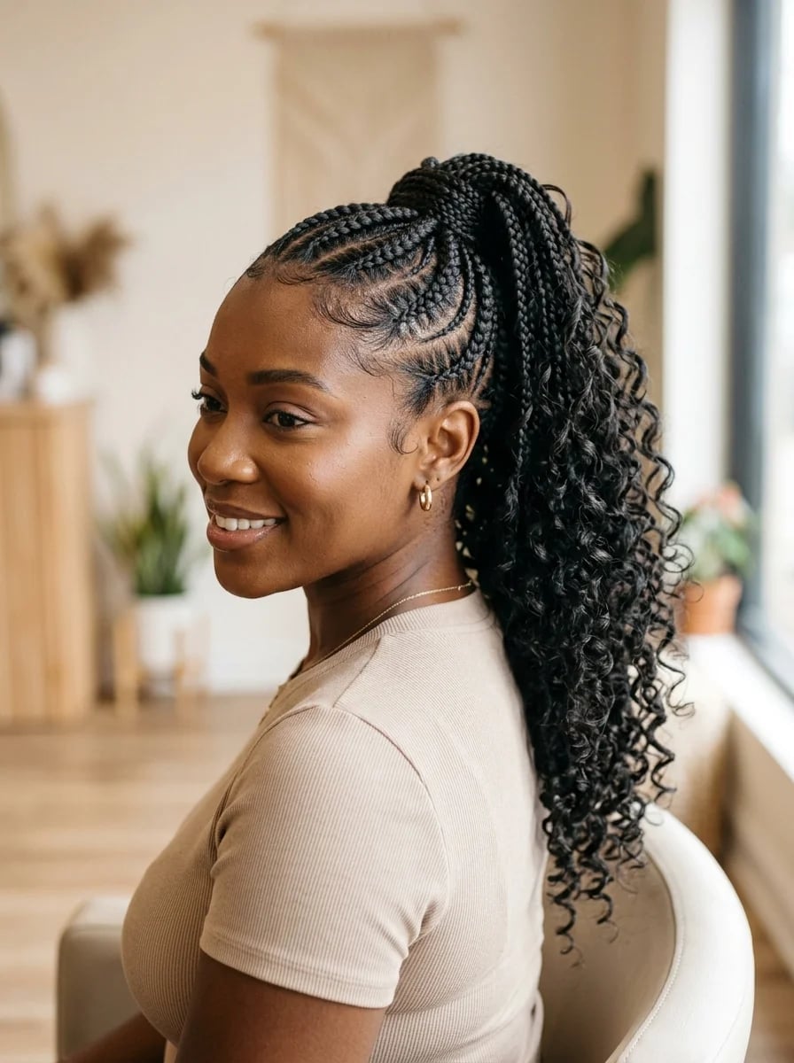 High Ponytail With Cornrow Details and Curly Cascade — Braided Ponytail
