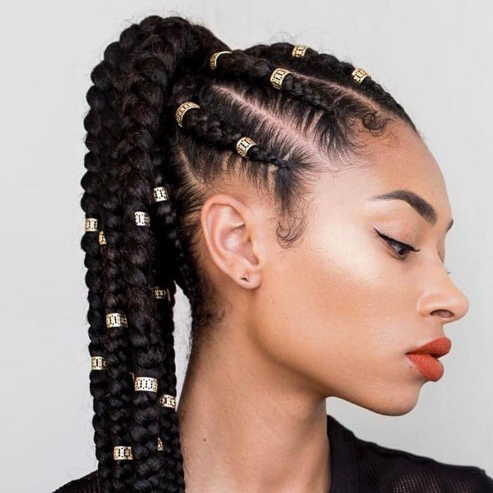 High Ponytail With Box Braids and Gold Beads — Braided Ponytail Hairstyles Black
