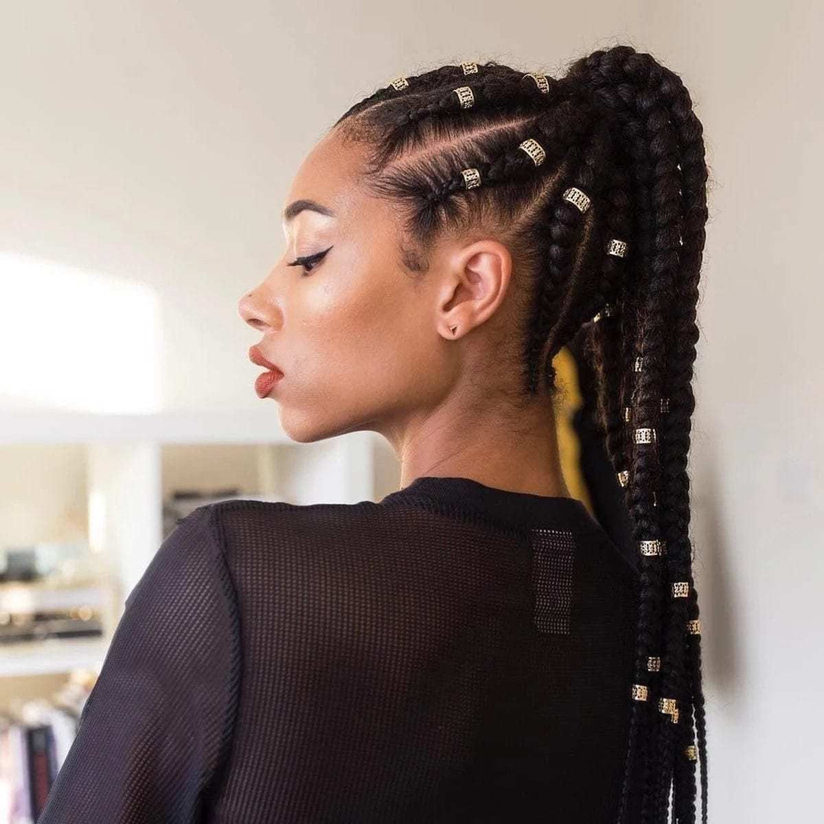 High Ponytail With Stitch Braids and Beads — Braided Ponytail Hairstyles Black