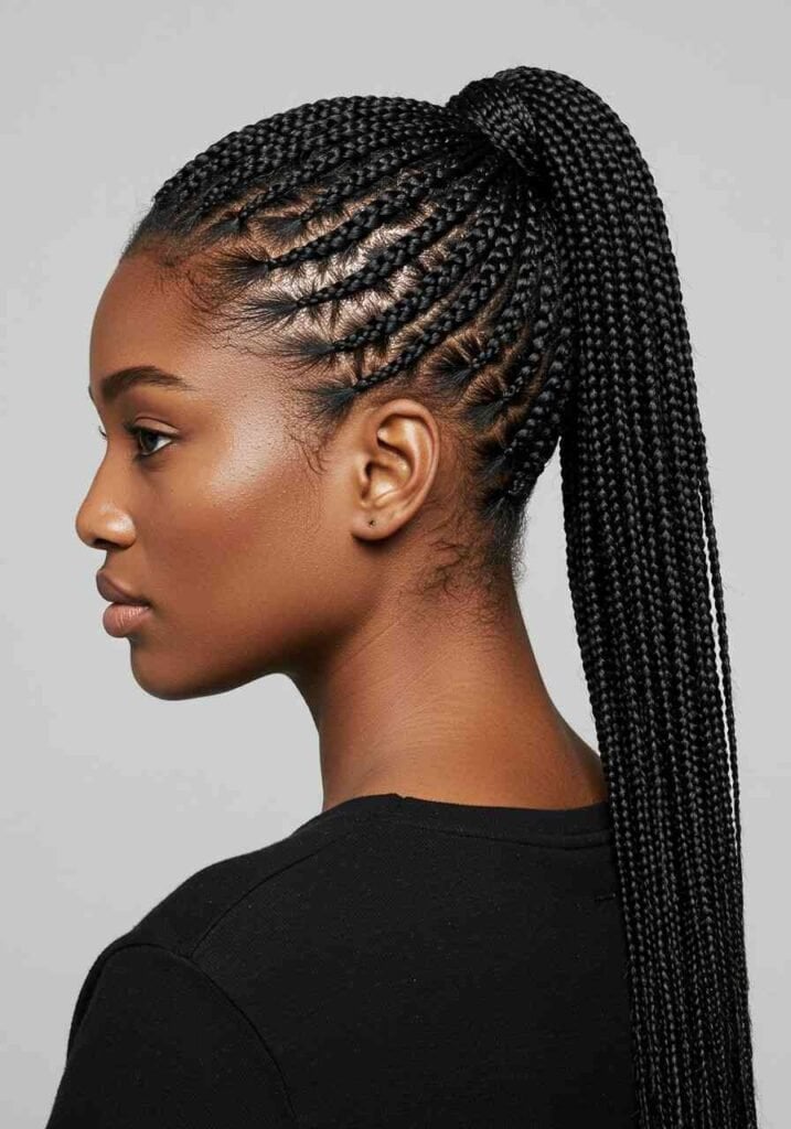 Sleek Mid-Back Ponytail With Stitch Braids — Braided Ponytail Hairstyles Black