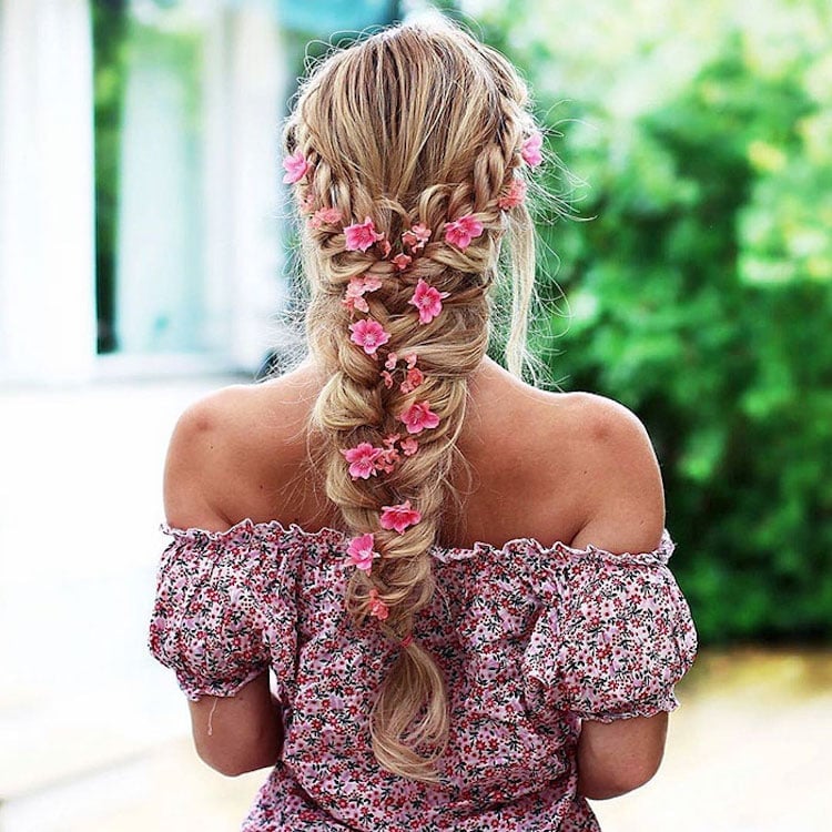 Blonde Fishtail Braid With Flowers Blonde Fishtail Braid With Flowers — Braiding Hair