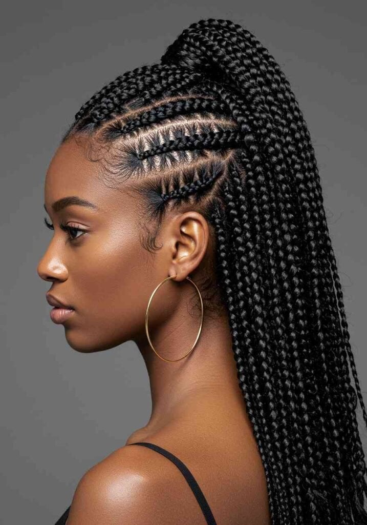 Box Braids In A High Ponytail With Stitch Fronts — Braids for Black Women