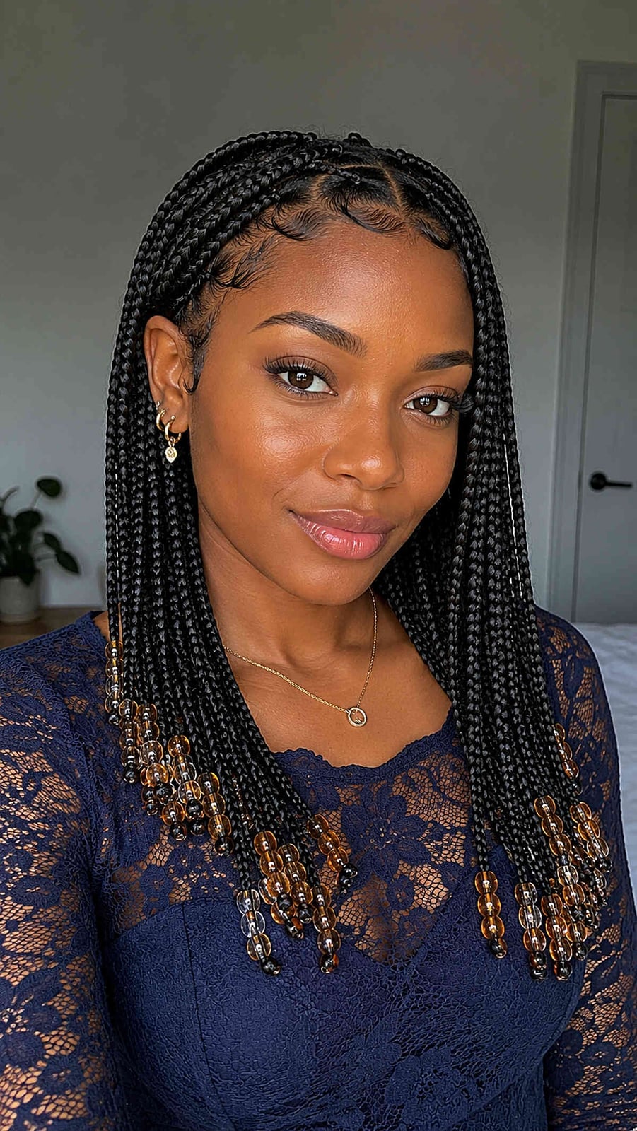 Long Black Box Braids With Amber Beads — Braids on Top