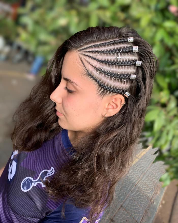Dark Brown Cornrows With Beads and Rings — Braids on Top
