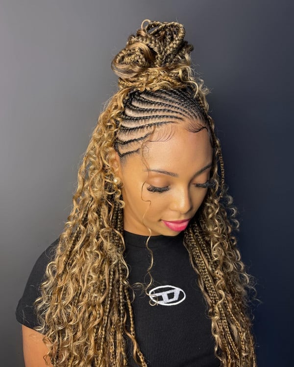 Light Brown Braided Bun With Wavy Ends — Braids on Top
