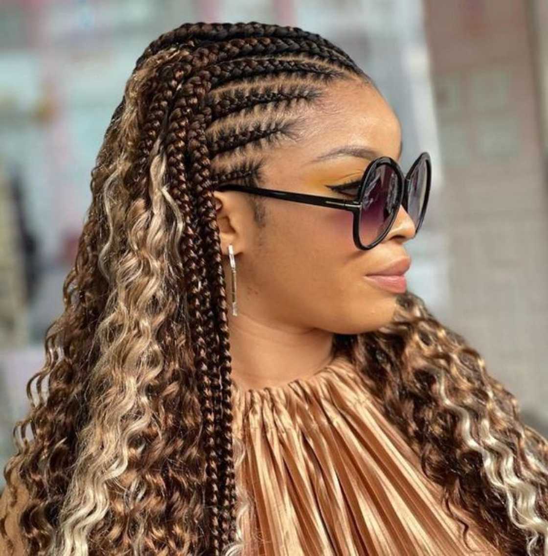 Stitch Braids With Blonde Highlights and Curls — Braids to the Back
