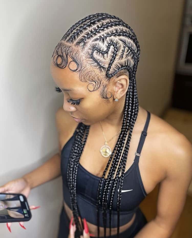 Stitch Braids With Heart Pattern and Curls — Braids to the Back
