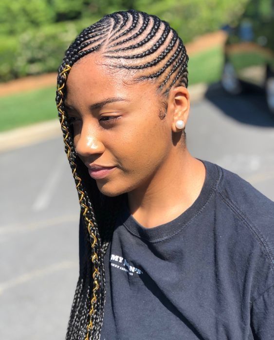 Mid-Back Black Cornrows With Gold Threads Mid-Back Black Cornrows With Gold Threads — Braids to the Side