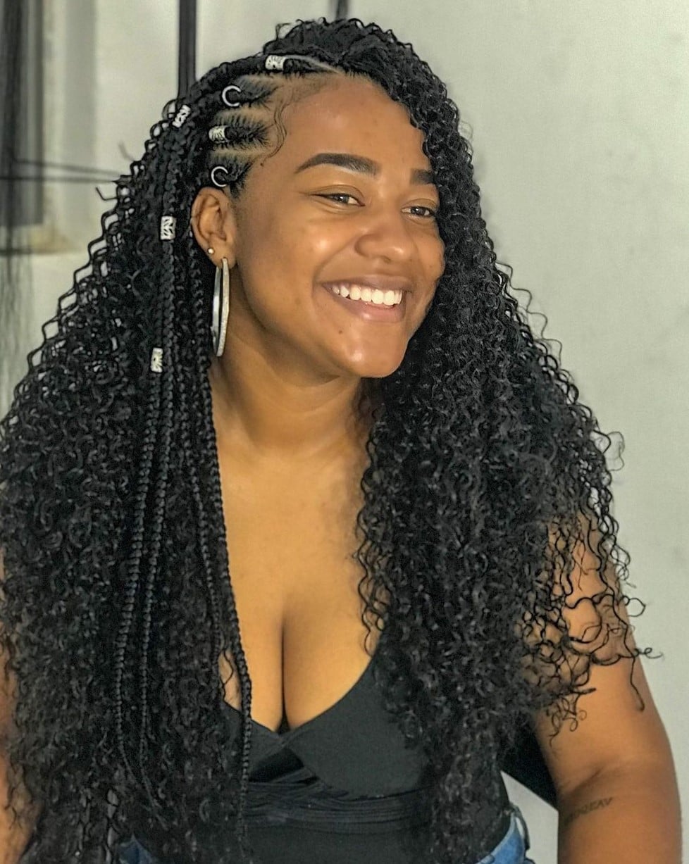 Mid-Back Black Braids and Curls, Coily Mid-Back Black Braids and Curls, Coily — Braids to the Side