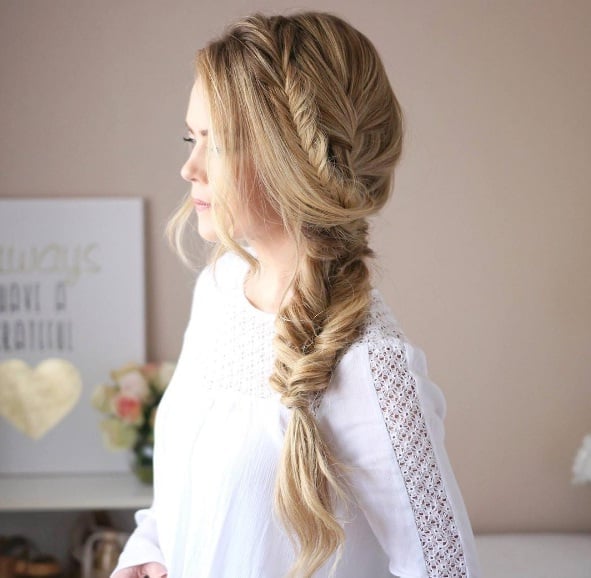 Mid-Back Blonde Fishtail Braid Balayage With Romantic Feel Mid-Back Blonde Fishtail Braid Balayage With Romantic Feel — Braids to the Side