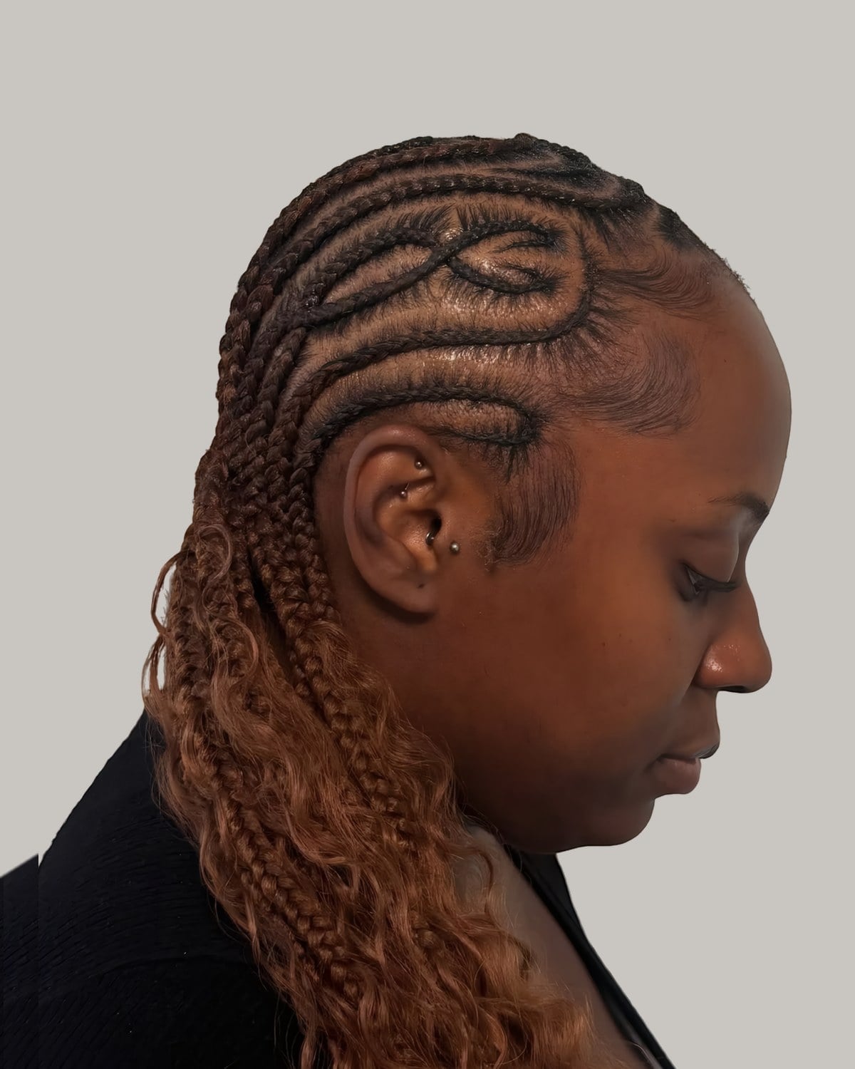 Mid-Back Brown Stitch Braids Blonde Ends Mid-Back Brown Stitch Braids Blonde Ends — Braids to the Side