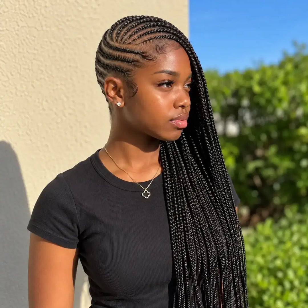Mid-Back Black Braids With Cornrows Mid-Back Black Braids With Cornrows — Braids to the Side