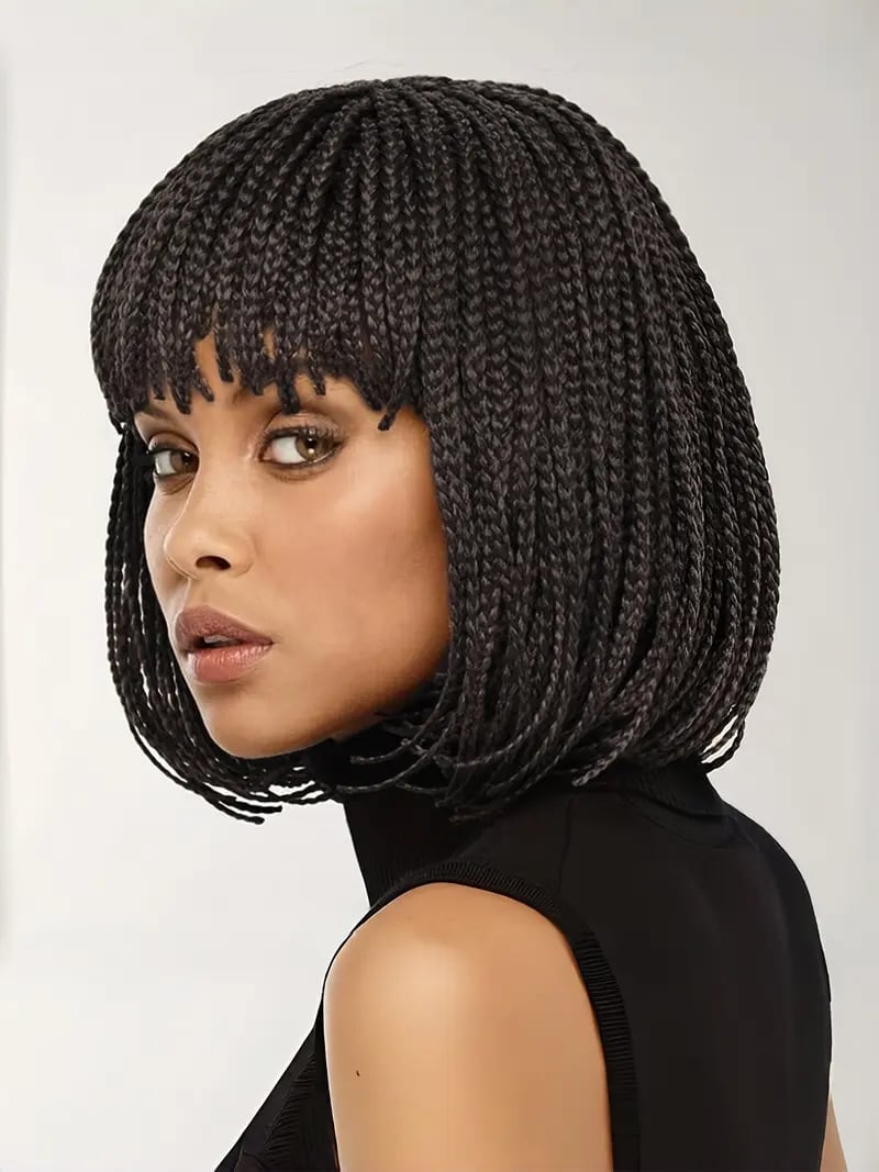 Dark Brown Braided Bob With Blunt Bangs — Braids Wig