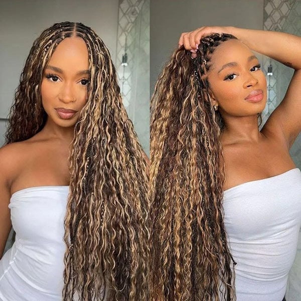 Dark Brown Braids With Blonde Wavy Curls — Braids Wig