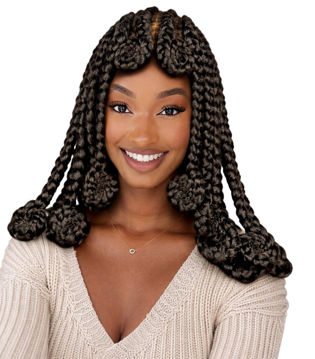 Shoulder-Length Braids With Curly Ends and Curtain Bangs — Braids Wig
