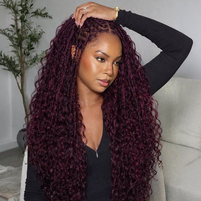 Long Burgundy Box Braids With Wavy Curls — Braids Wig