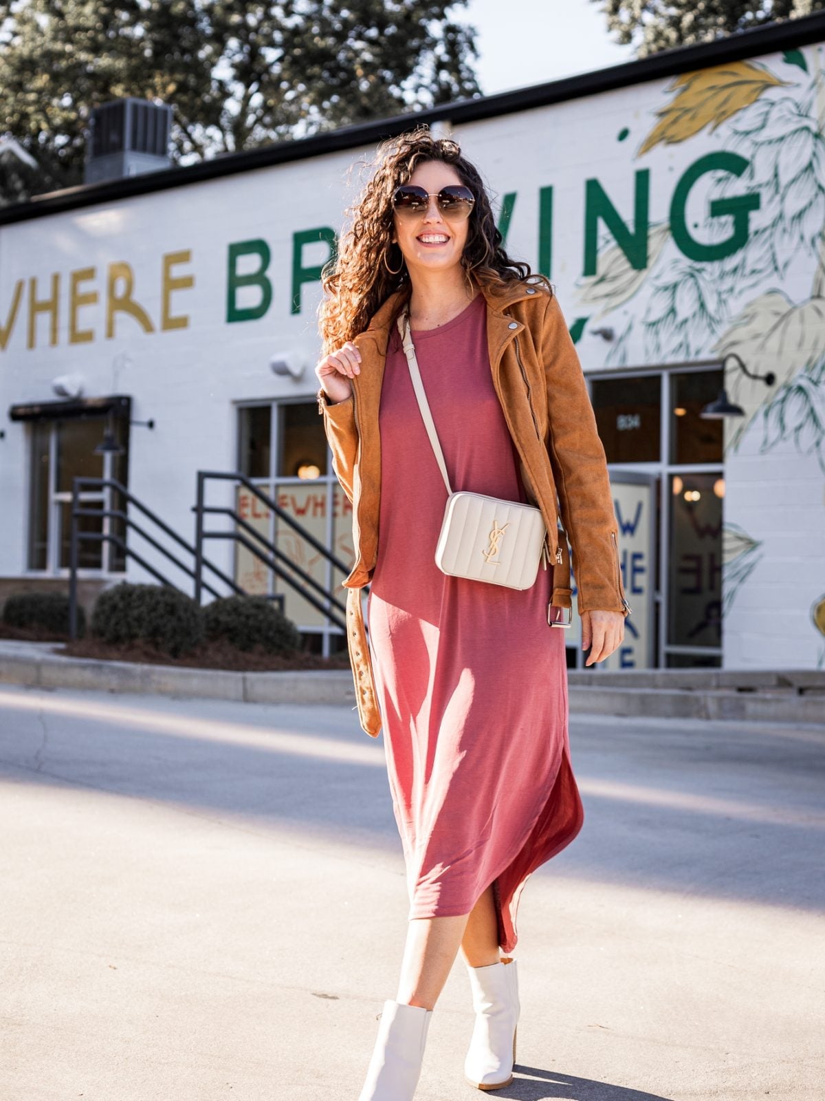 Pink Midi Dress with a Brown Suede Jacket — Brewery Outfits