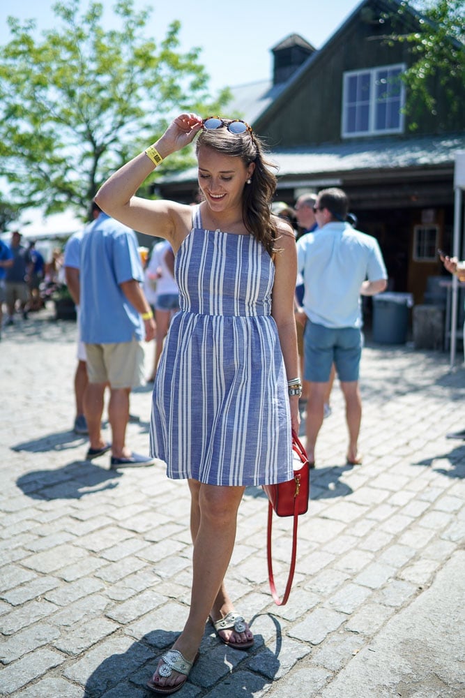 Striped A-line Mini Dress with Red Handbag — Brewery Outfits
