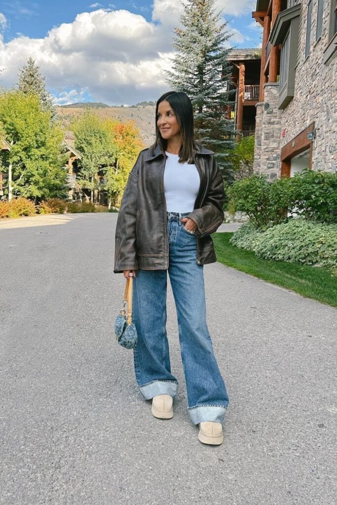 Oversized Leather Jacket Over a White Tee with Wide-Leg Jeans — Brewery Outfits