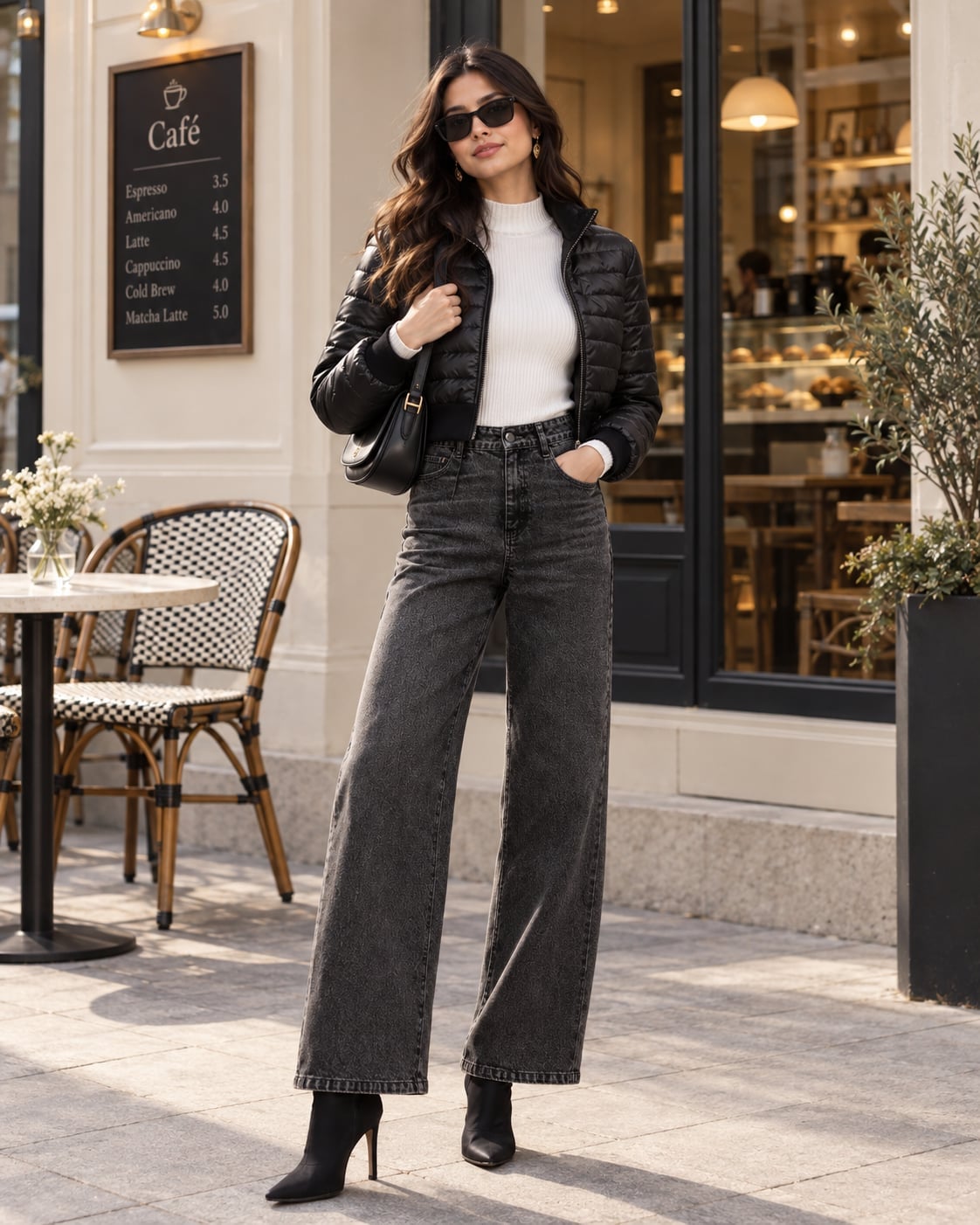 Puffer Jacket and Turtleneck with Gray Wide-Leg Jeans — Brewery Outfits