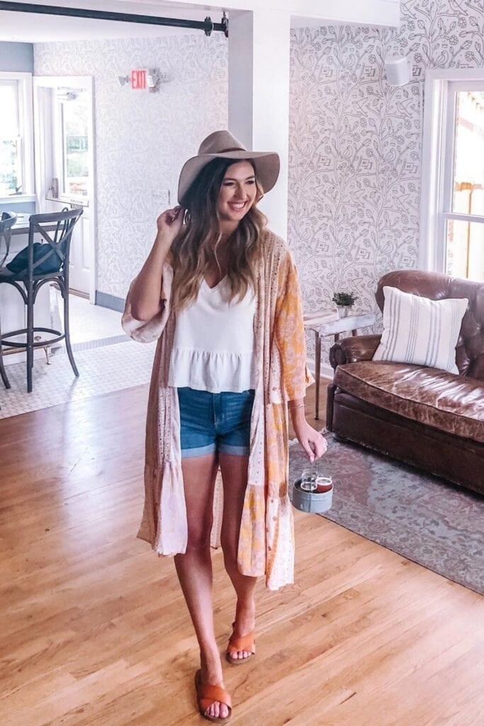 Denim Shorts and White Tank with a Long Patterned Kimono — Brewery Outfits