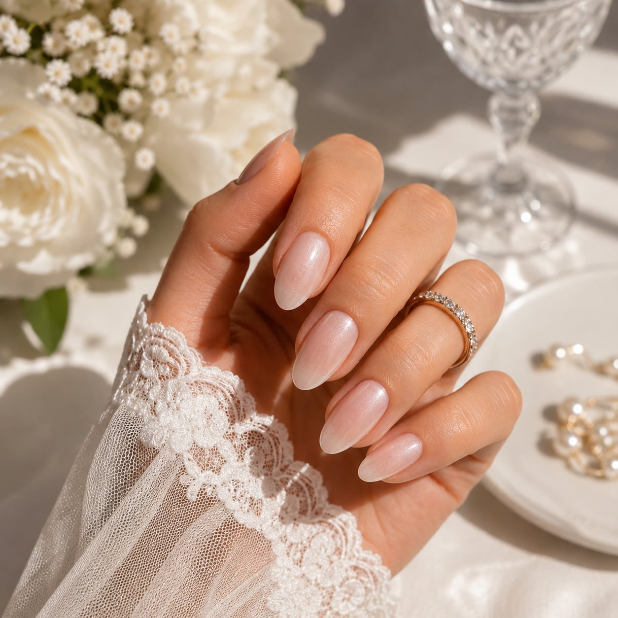 Sheer Milky Pink Shimmer Medium Oval Nails — Bridal Nails