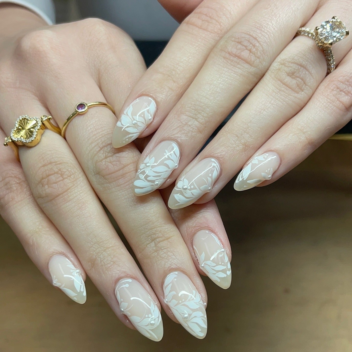 Floral Lace White Sheer Nude Medium Almond Nails, Glossy — Bridal Nails